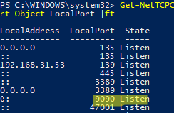 слушать порт в windows с помощью powershell