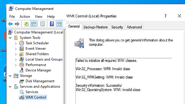ошибка Failed to initialize all required WMI classes
