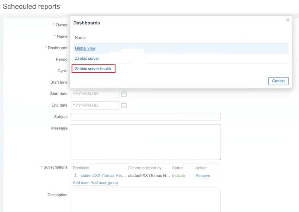 Выбор Dashboard для Scheduled report в Zabbix