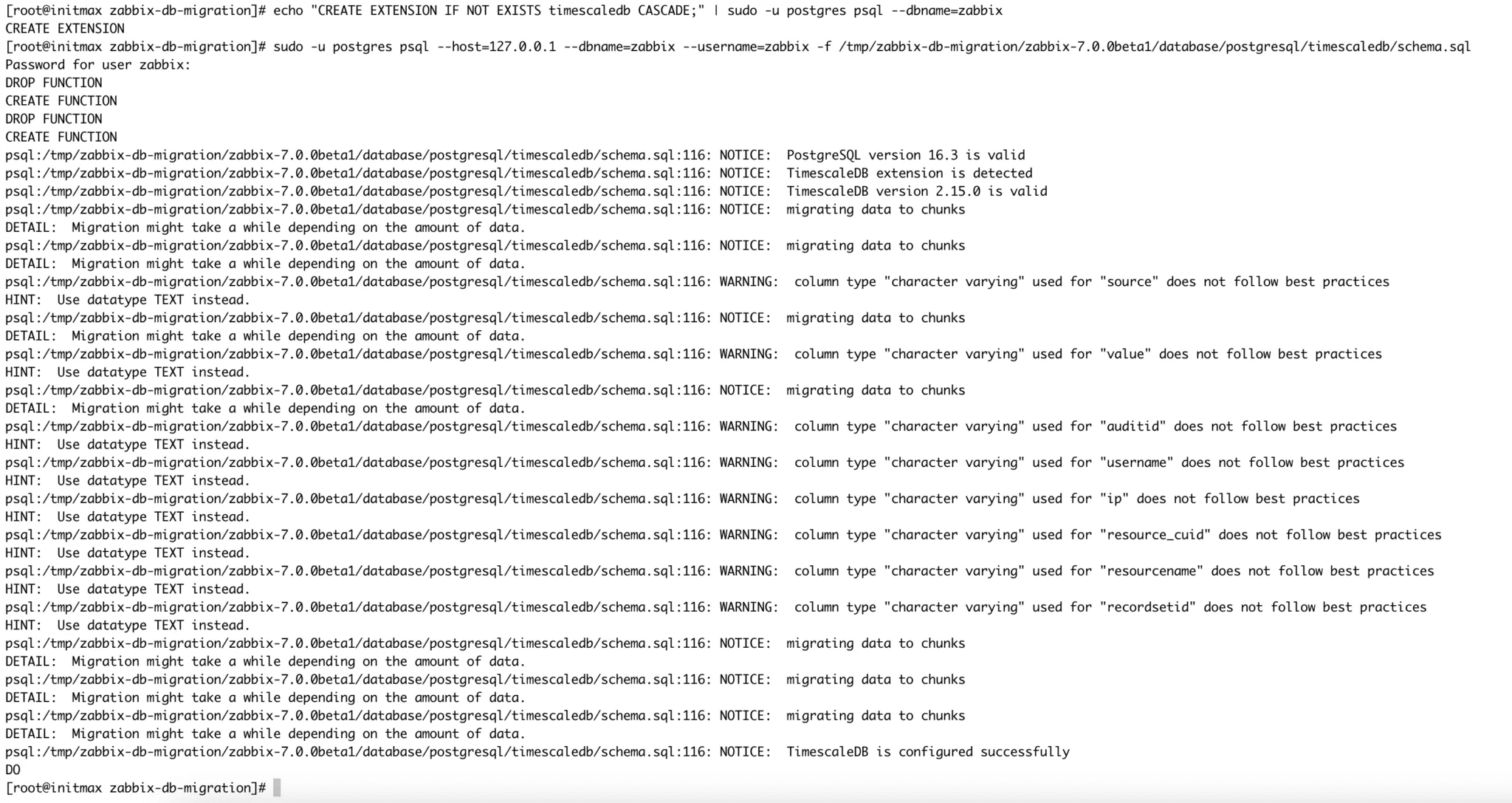 Выполнение schema.sql для преобразования базы Zabbix в TimescaleDB