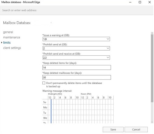 exchange server настройка квот ящиков для базы данных