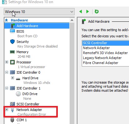 hyper v сетевая карта с configuration error