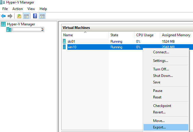 экспорт виртуальной машины через hyper-v manager