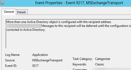 Event ID: 9217 More than one Active Directory object is configured with the recipient address