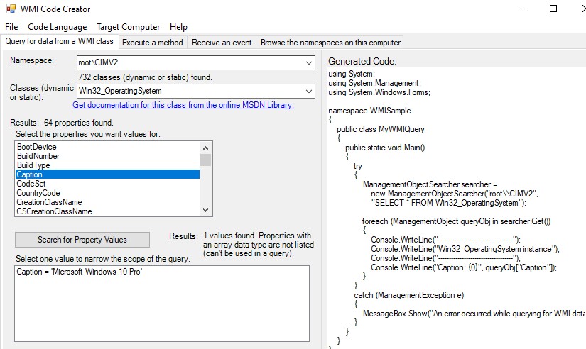 Утилита WMI Code Creator для просмотра пространтсва имен WMI