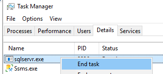 завершить процесс sqlserver.exe