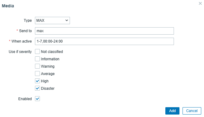Добавление Media MAX пользователю Zabbix