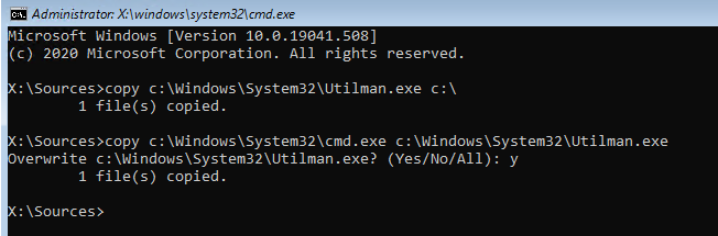 замена utilman.exe на cmd.exe