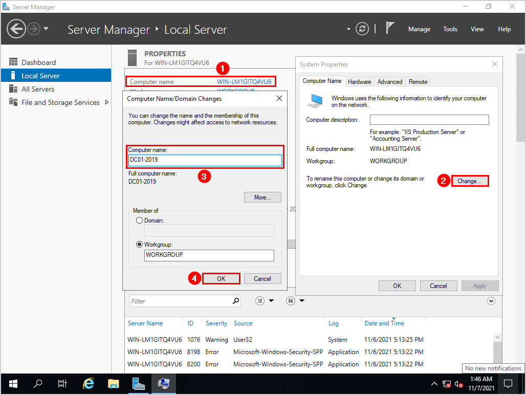 Изменение имени компьютера Windows Server