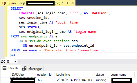 tsql получить статус 'edicated Admin Connection