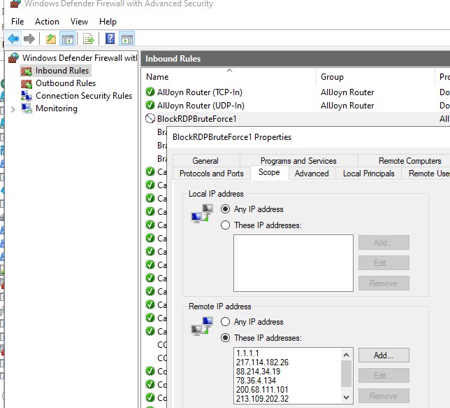 Правило Windows Defender Firewall для блокировки RDP доступа для IP адресов, с которых идет перебор паролей