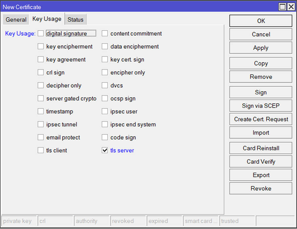 Настройка Key Usage tls-server в MikroTik