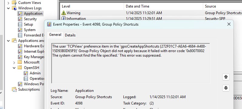 Смотрим ошибки обработки/применения Group-Policy-Shortcuts в event viewer