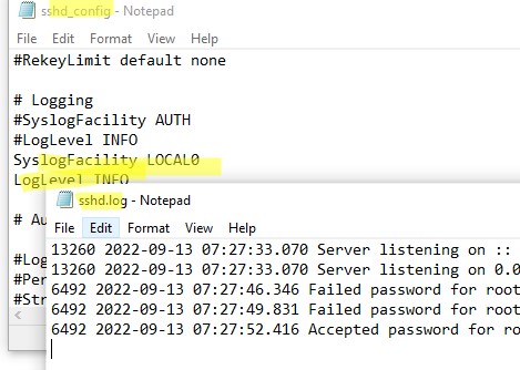 текстовый sshd.log в windows