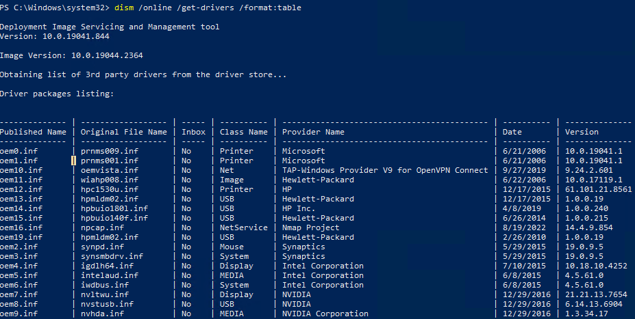 dism /online /get-drivers /format:table - список сторонних драйверов в windows