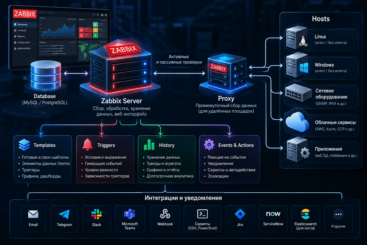 Что накоплено вокруг Zabbix: сервер, Proxy, узлы, шаблоны, триггеры, история и интеграции