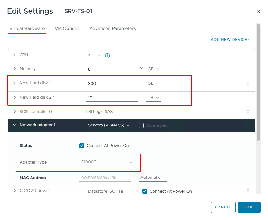 Диски новой виртуальной машины VMware для восстановления Veeam