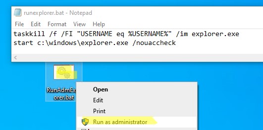 ярлык для запуска процесса explorer.exe с правами администратора