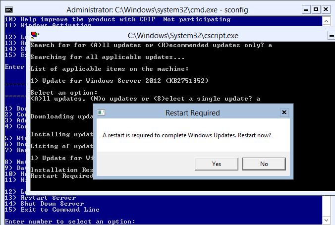 Перезагрузка сервера после установки обновлений на Windows 2012 core