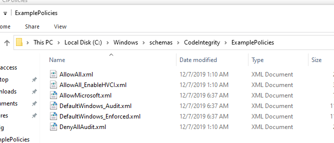 пример xml политик Windows Defender Application Control в каталоге CodeIntegrity \ExamplePolicies