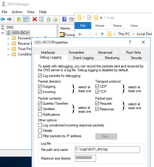 Включить DNS Debug Logging на контроллере домена Windows Server