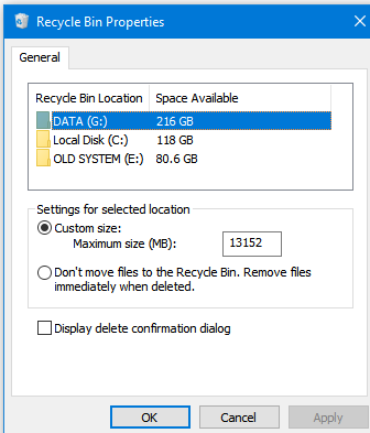настройки размера корзины Windows на дисках