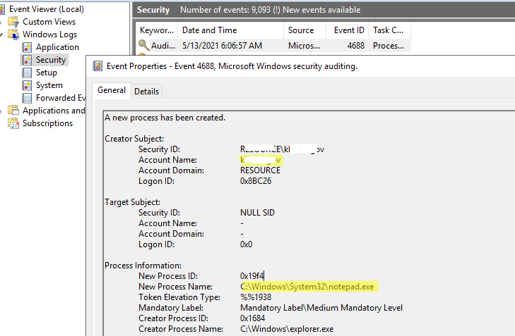 событие в event viewer EventID 4688 (A new process has been created).