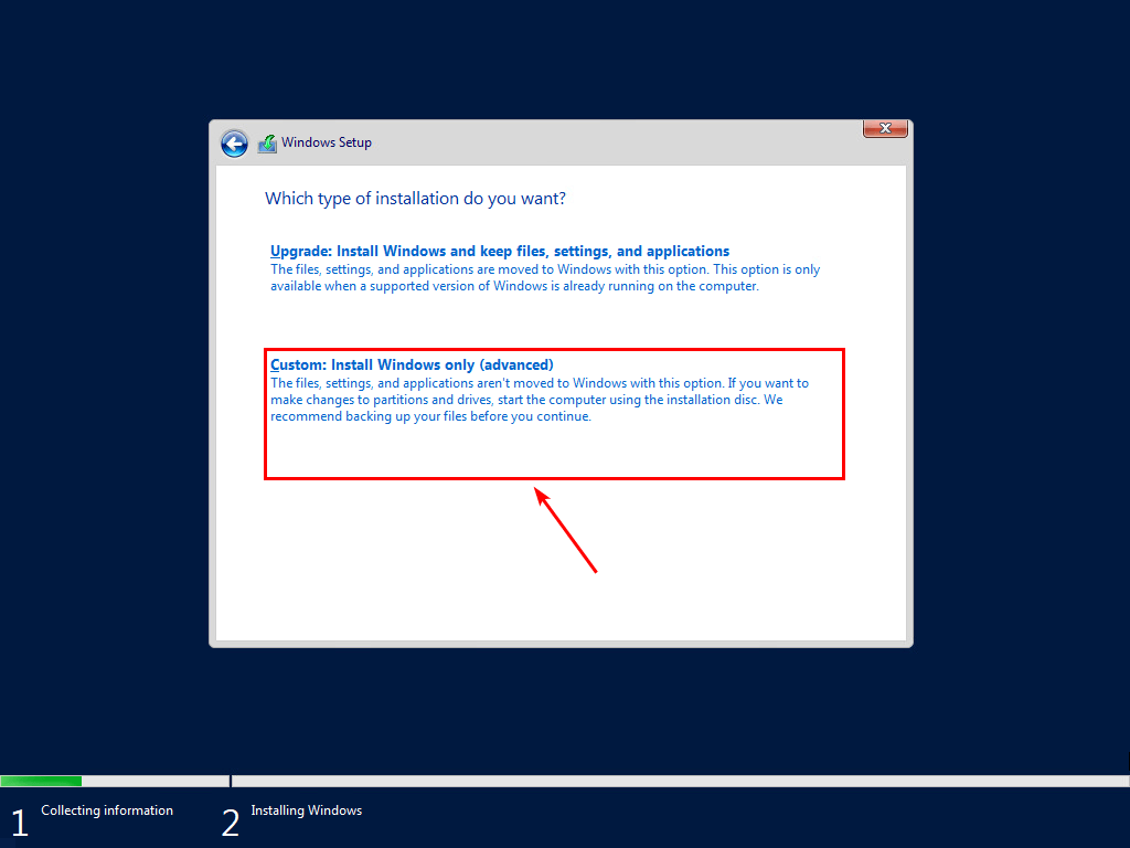 Выбор Custom Install Windows only при установке Windows Server