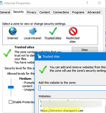 Добавить сайт sharepoint в доверенные