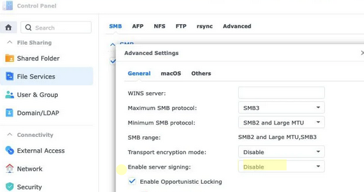 Synology DSM - включить SMB подписывание на NAS