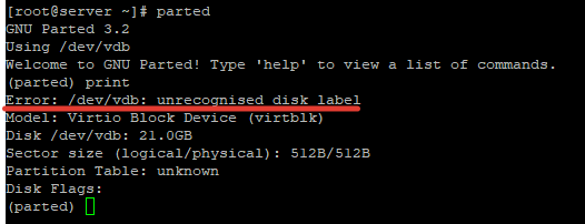 parted unrecognized disk label