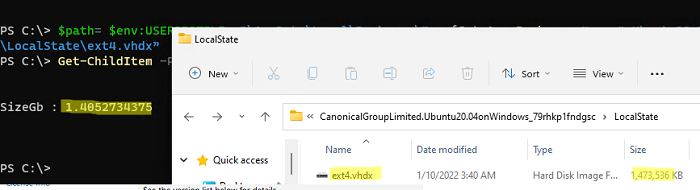 размер файла ext4.vhdx в Windows WSL