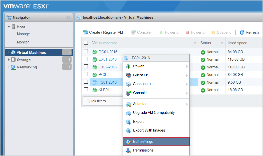 Открытие параметров виртуальной машины VMware ESXi