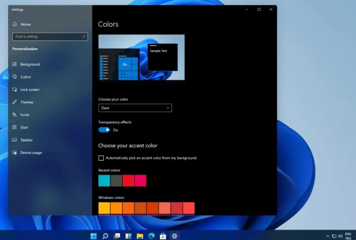 окно с настройкой цветовой схемы windows 11