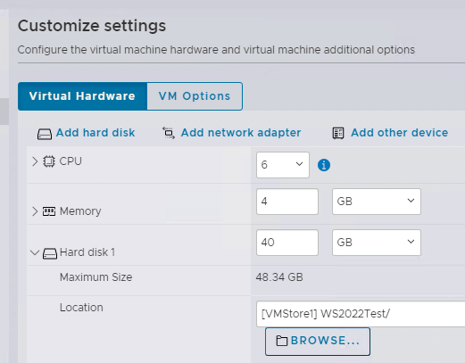 настройки ресурсов виртуальной машины на esxi