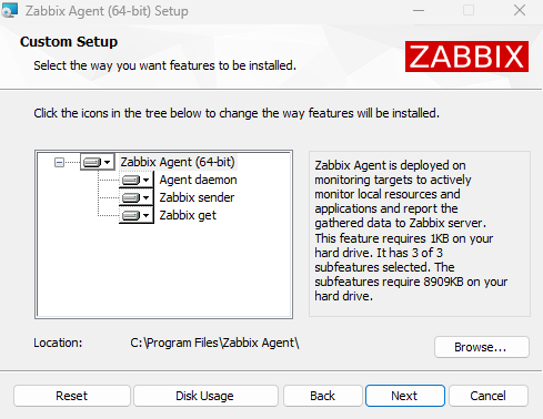 Выбор компонентов Zabbix Agent при установке в Windows
