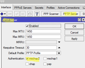 Метод аутентификации MS-CHAP v2 на PPTP-сервере MikroTik