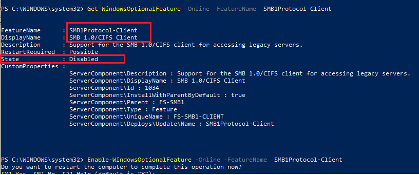 powershell - Enable-WindowsOptionalFeature SMB1Protocol-Client