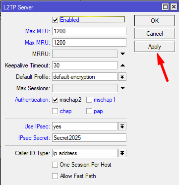 Параметры L2TP IPsec Server MikroTik