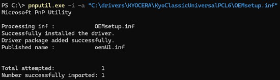 pnputil устанвить драйвер печати из inf файла