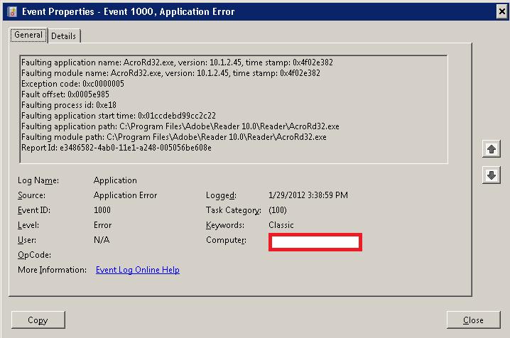 Ошибка с id 1000 при печати на сетевой принтер в adobe reader X 10