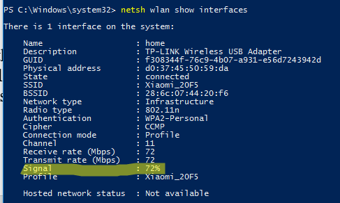 netsh wlan show interfaces - информация о wifi подключении