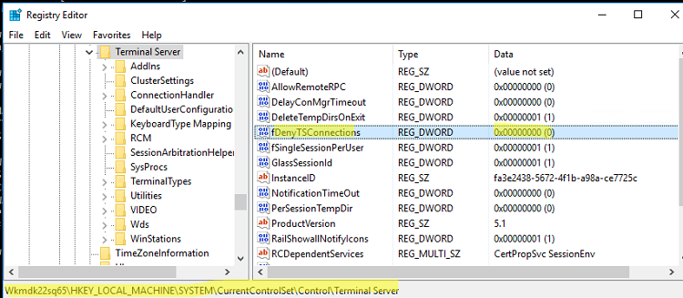 fDenyTSConnections - параметр реестра для включения rdp в windows