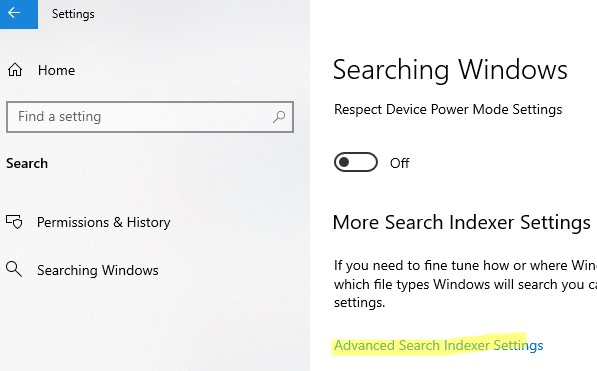 Панель параметров поиска и индексирования windows