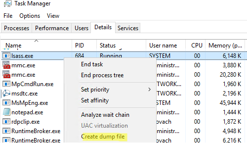дамп процесса lsass.exe