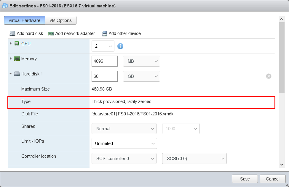 Проверка типа виртуального диска VMware ESXi