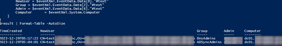 powershell скрипт для поиска событий изменения групп администраторов AD