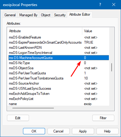 Проверка значения ms-DS-MachineAccountQuota в Active Directory