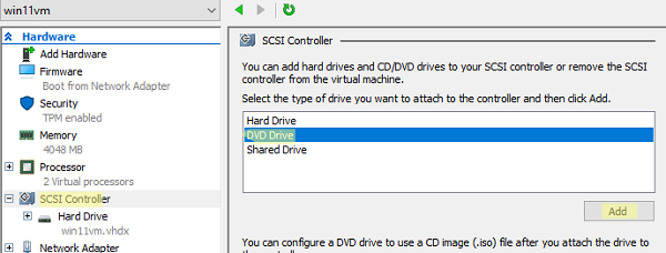 hyper-v - добавить виртуальный DVD