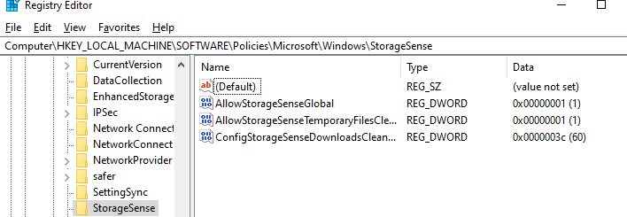 параметры storage sense в реестре windows 10